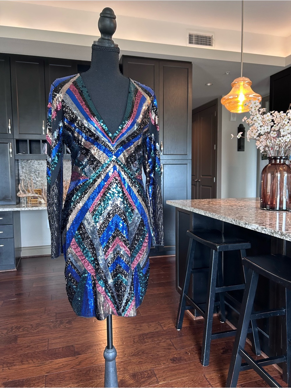 Express Sequin V-Neck Multicolor Geometric Mini Dress